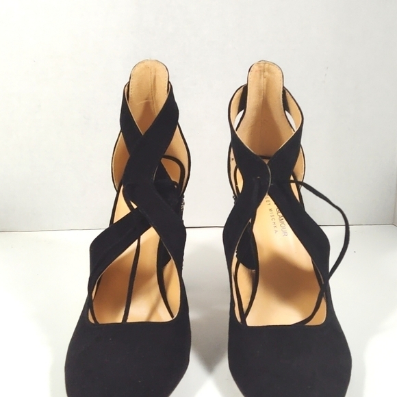 American Glamour  beaded chunky heels suede black shoes Size: 8 - Picture 3 of 5